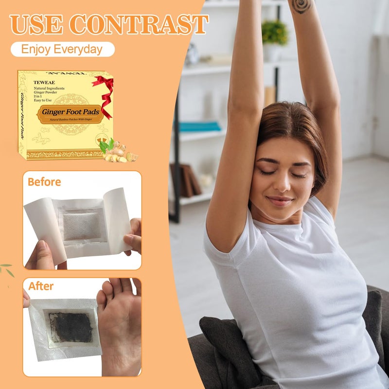 TEWEAE 2 in 1 Ginger Foot Pads, 40Pads Tear and Use, Premium Natural Ingredients Ginger Powder, Bamboo Vinegar FootPads with ''Stay in Place'' Adhesive Pads Sheet - Image 4